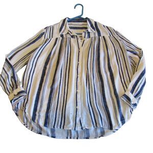 Womens Small Button Front Lightweight Long Sleeve Stiped Flowy Collared Nautical
